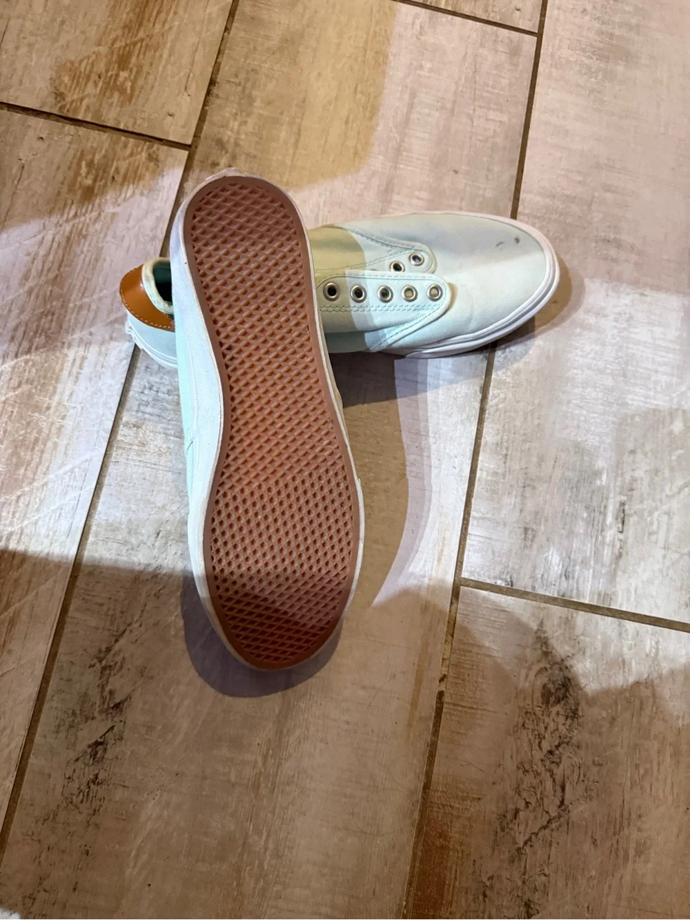 Vans Women's Slip-On Light Mint Canvas Sneakers with Leather Heel Accent